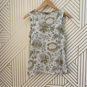 FLAX 100% Linen tan floral breezy lightweight tank blouse flowers size P (4-6)
